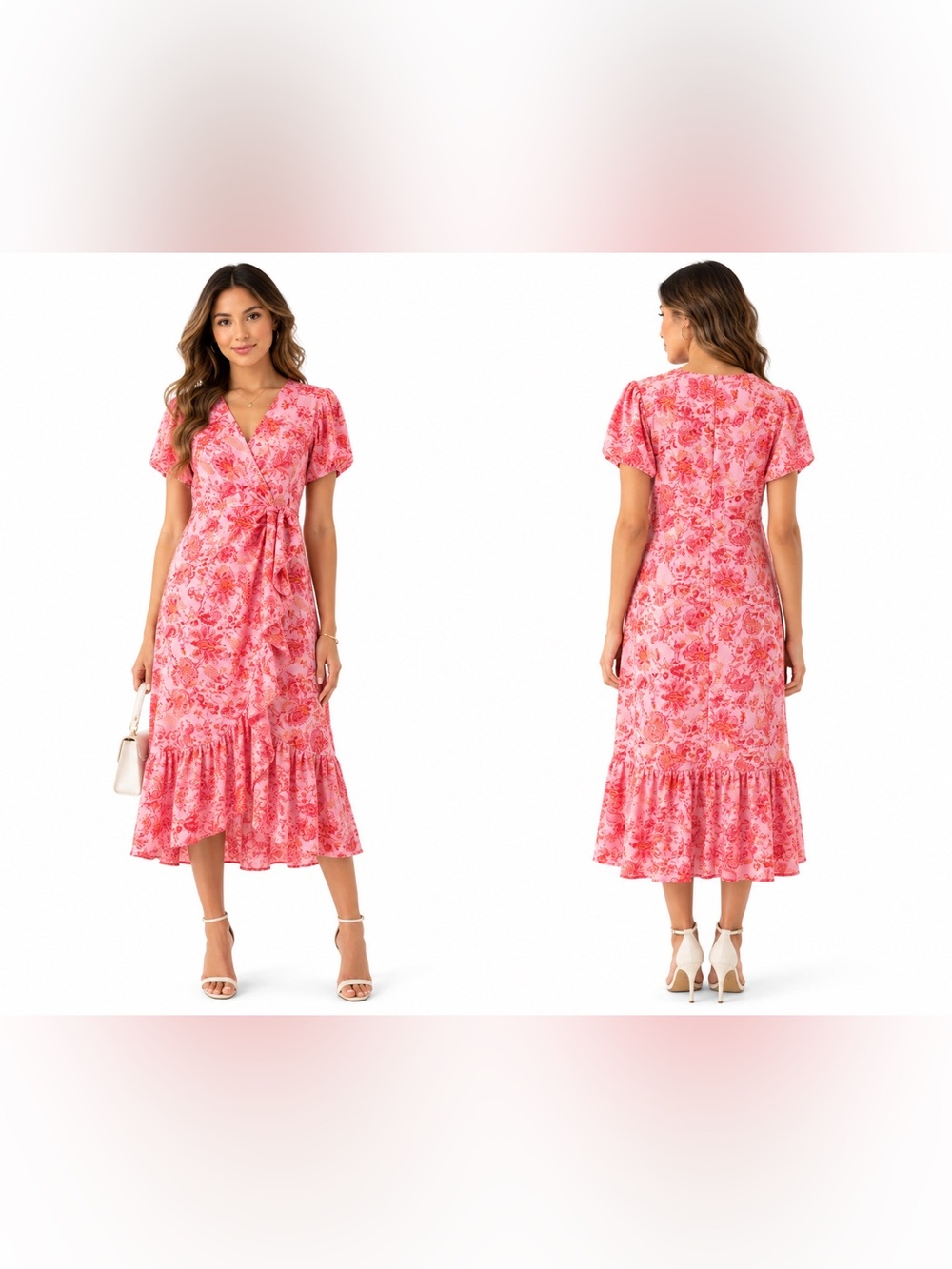 Cinq a Sept Floral Pink  Ruffle Wrap Front Short Sleeve Midi Dress. Size 2